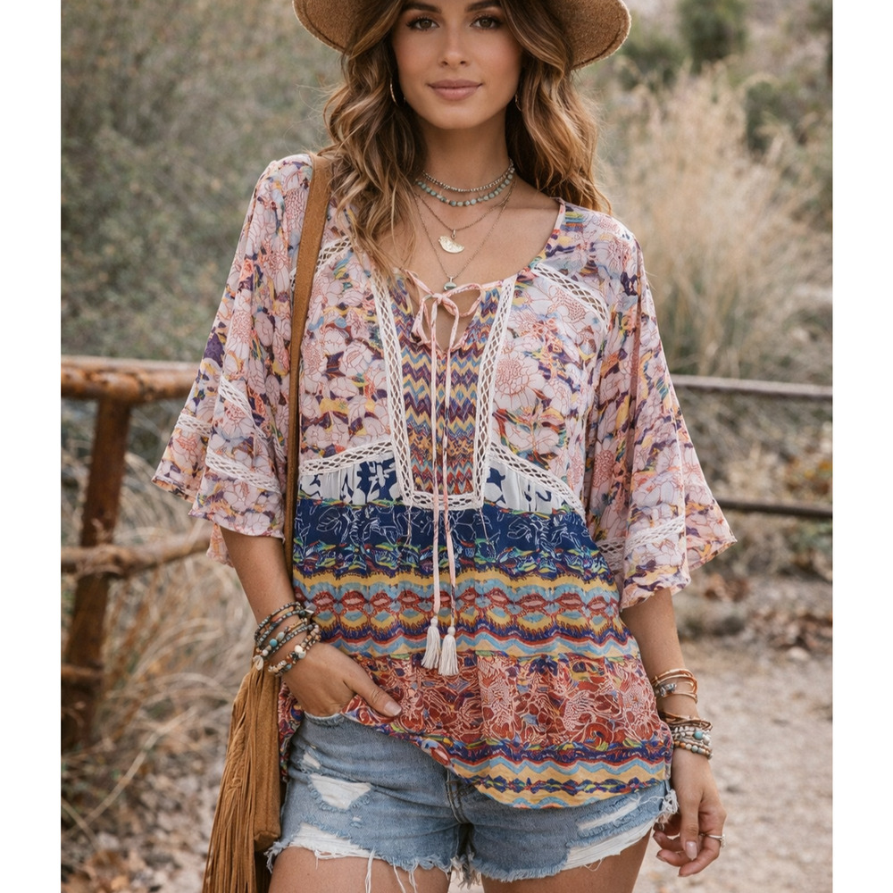 Anthropologie Meadow Rue Prairie Top Size XS Crochet Flowy Tassel Ties FLAW